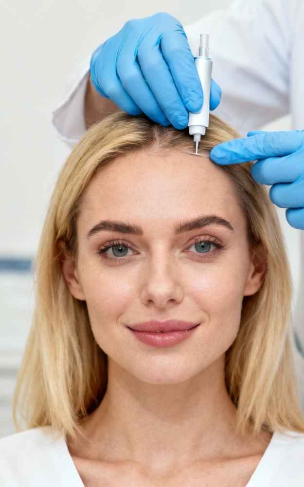 Facial plastic surgeon preparing patient before Platelet-Rich Plasma (PRP) therapy for hair restoration