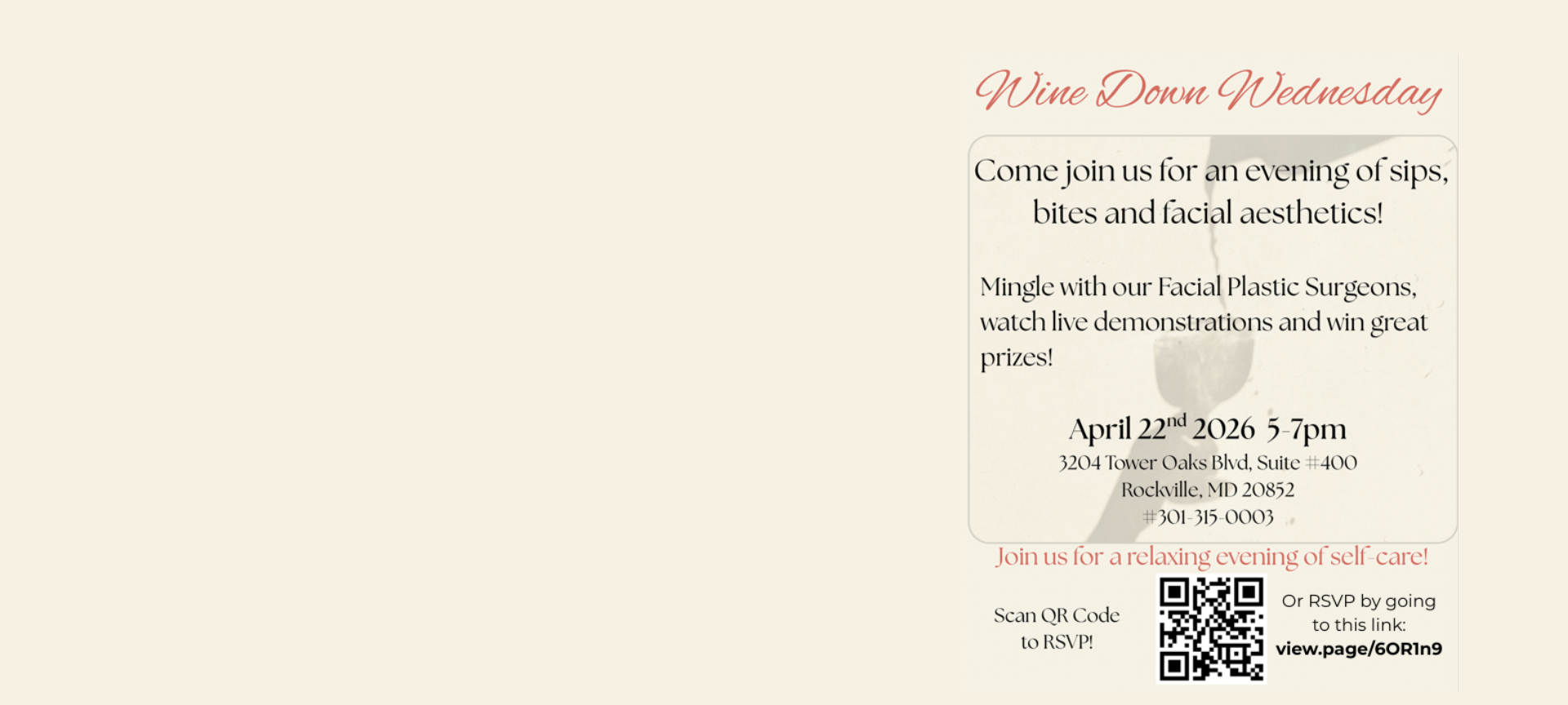 Metro ENT & Facial Plastic Surgery is hosting a Wine Down Wednesday event on April 22 from 5-7pm. To RSVP, go to view.page/6OR1n9