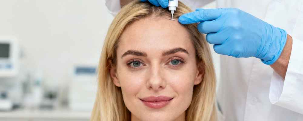 Facial plastic surgeon preparing patient before Platelet-Rich Plasma (PRP) therapy for hair restoration