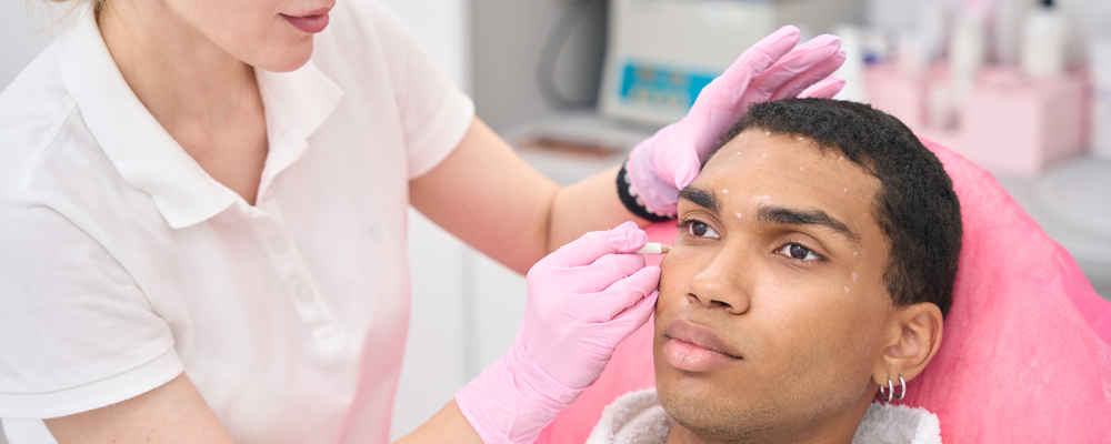 Facial plastic surgeon marking patient's face before facial feminization surgery (FFS)