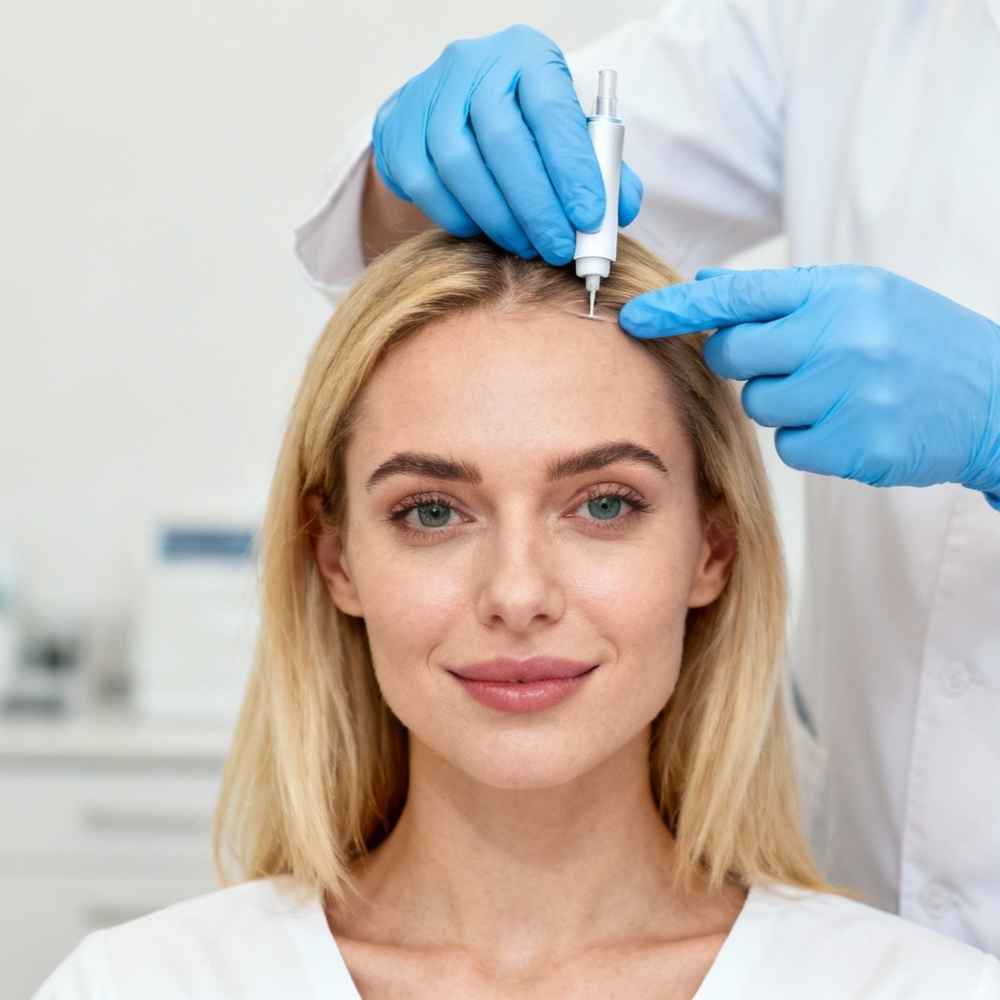 Facial plastic surgeon preparing patient before Platelet-Rich Plasma (PRP) therapy for hair restoration