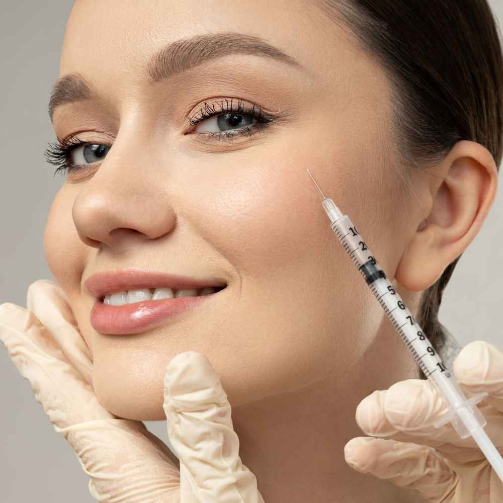 Woman being injected with a dermal filler in her face